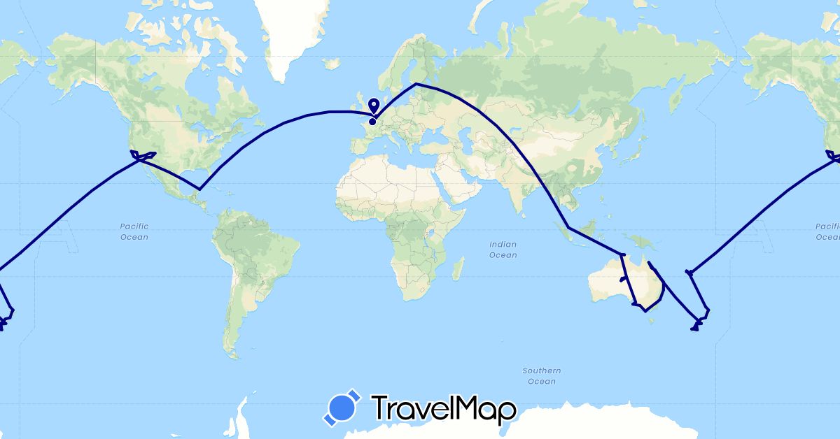 TravelMap itinerary: driving in Australia, Belgium, Finland, France, Mexico, New Zealand, Singapore, United States (Asia, Europe, North America, Oceania)